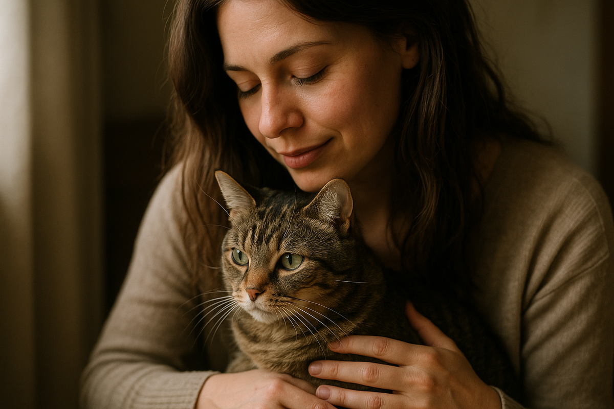 realistic photograph of a women with her cat
